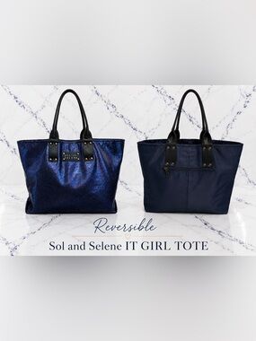 Sol & Selene “It Girl” Reversible Tote 
Metallic Navy Blue & Blue Nylon EUC
